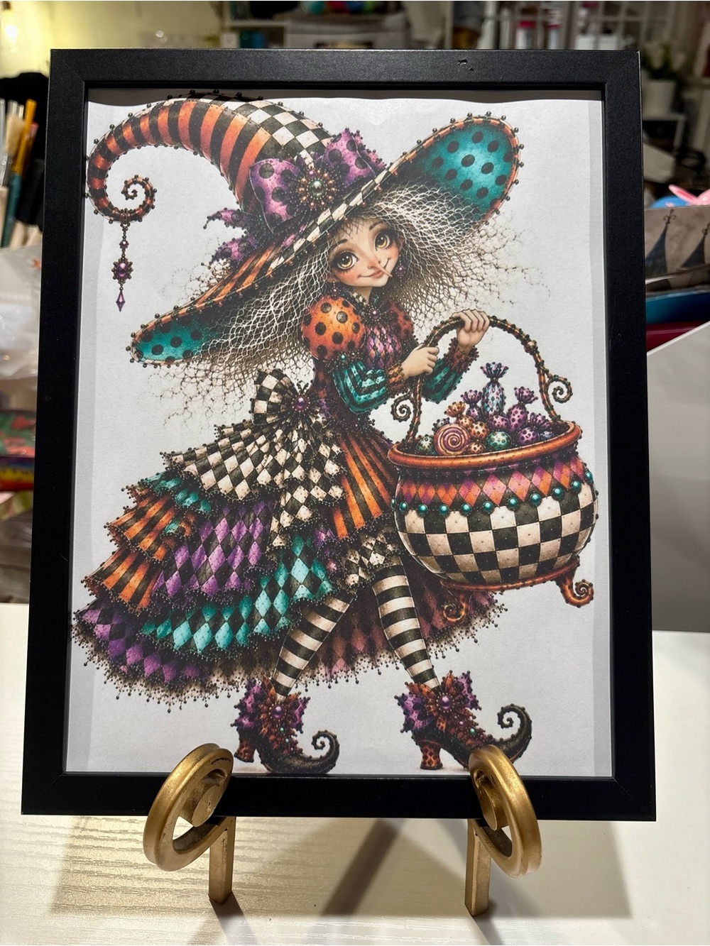 Framed Iconic Checkered Whimsical Witch Illustration 8x10 Wall Art Print